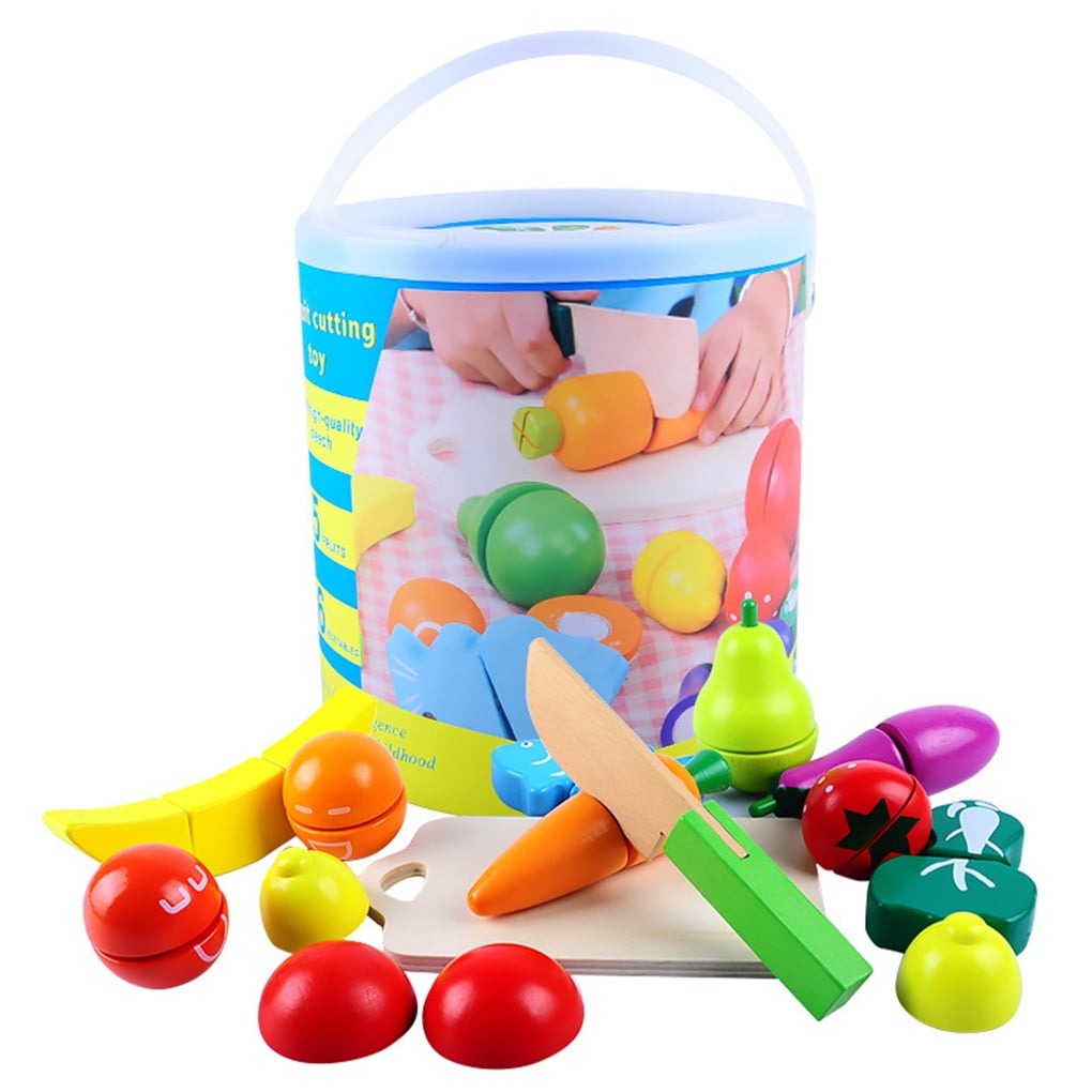 Balde Con Frutas de Madera para Cortar con Velcro
